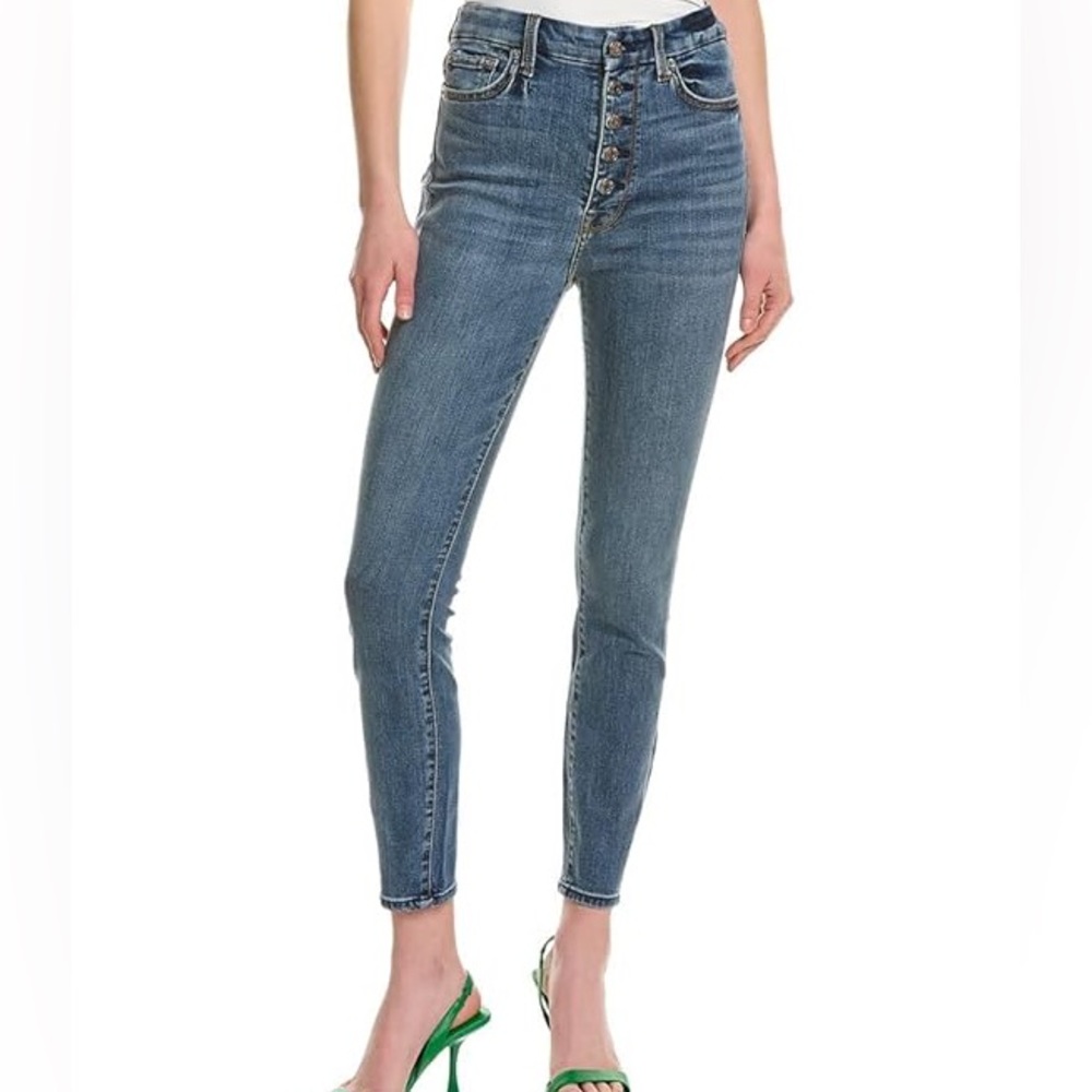 Alice + Olivia High-Rise Button-Fly Skinny Jeans in Medium Blue